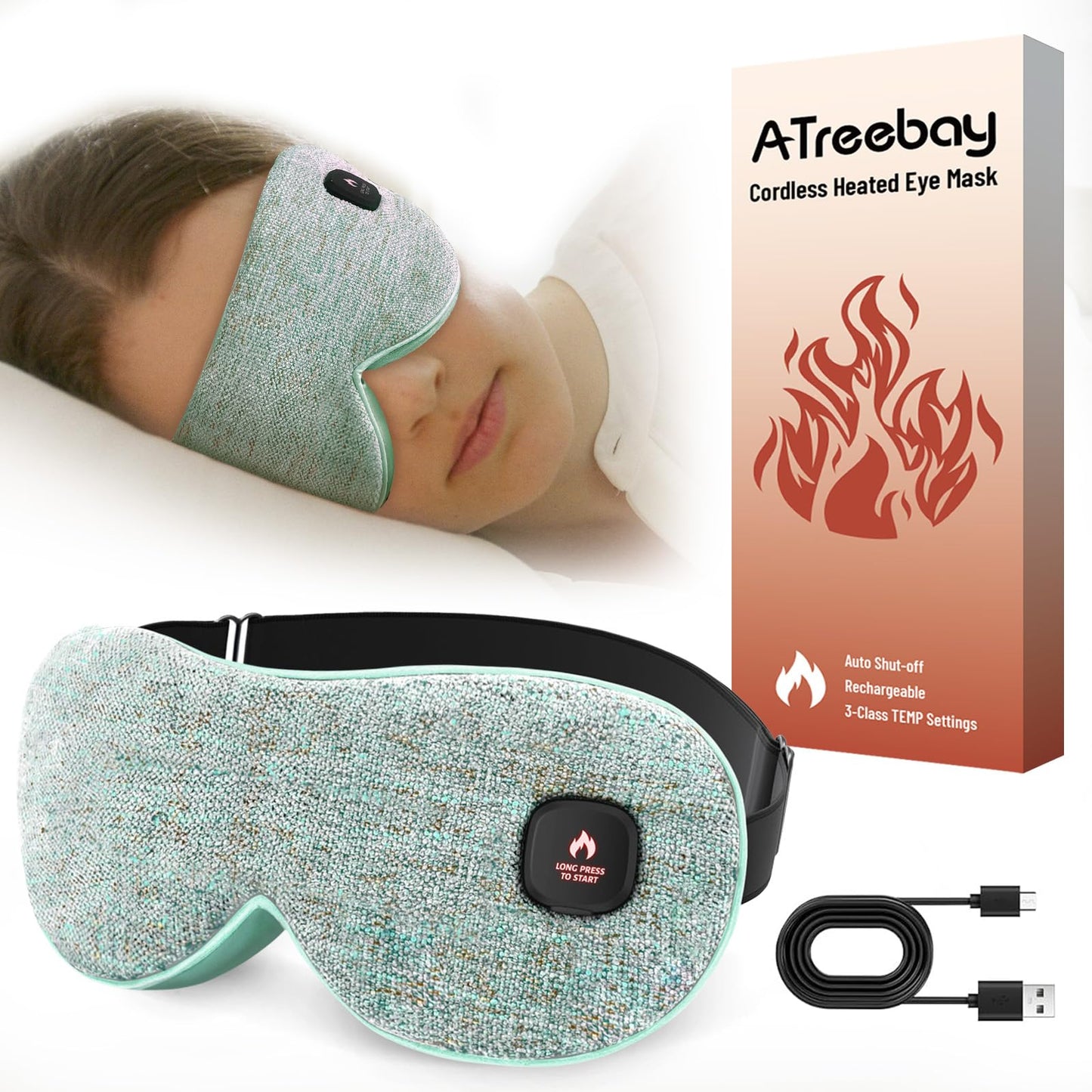 ATreebay Cordless Heated Eye Mask for Dry Eyes, Eye Mask for Dry Eyes, Washable Eye Heating Pad, Electric Warm Eye Compress, Gifts for Women Men (Blue Grey)