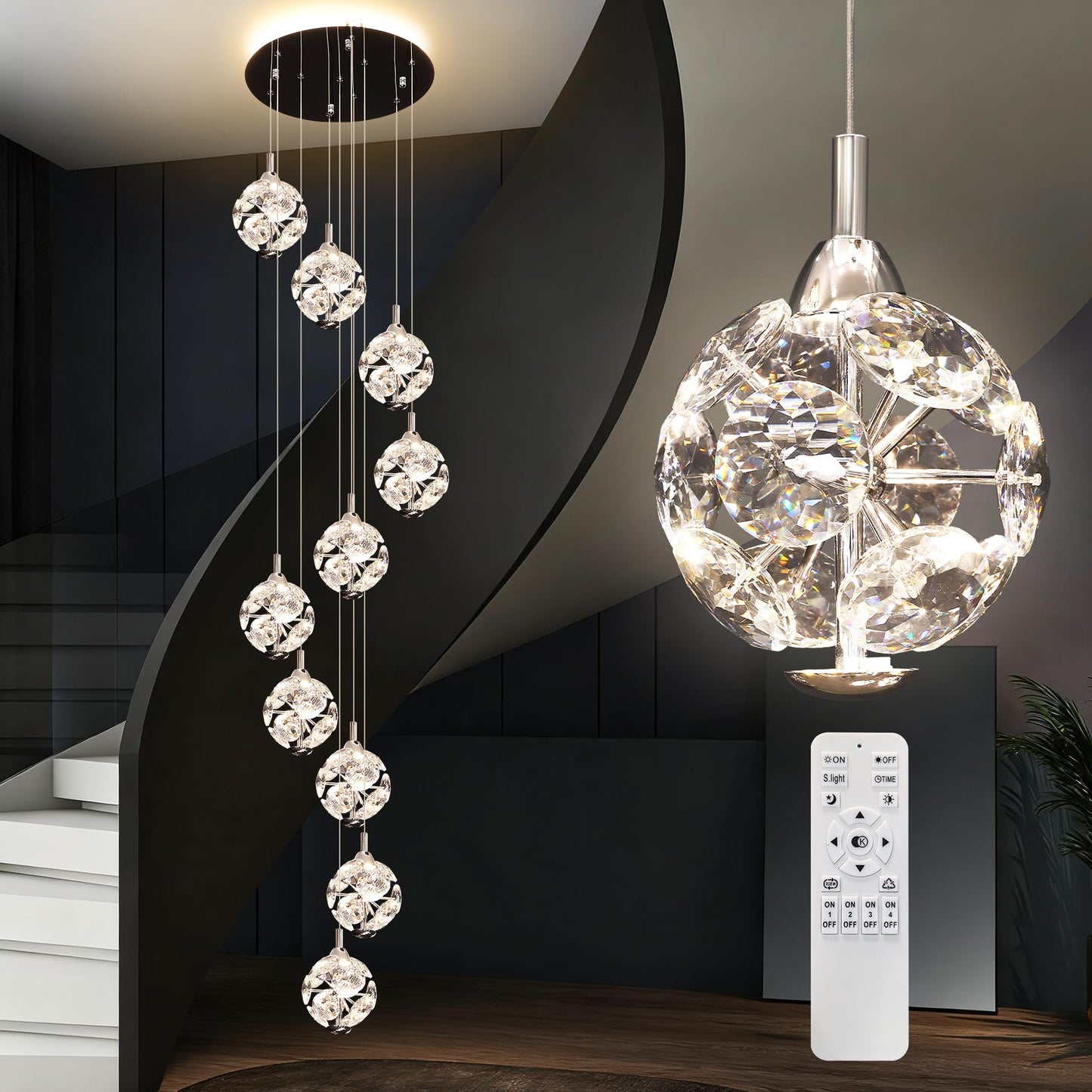Kaucqi 10-Light High Ceilings Long Chandeliers Modern Crystal Staircase Chandelier Hanging Flush Mount Lighting Fixtures Long Raindrop Hanging Chandeliers For Staircase Foyer Entryway