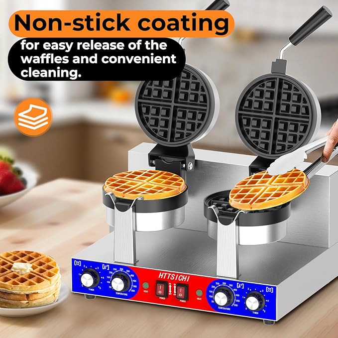 Commercial Belgain Waffle Maker - Rotating Double Waffle Maker w/Non-stick and 1.2 in Thick, Filp Belgian Waffle Machine w/ 122-572℉ Temp Range and Timer, Stainless Steel Waffle Iron, 2400W