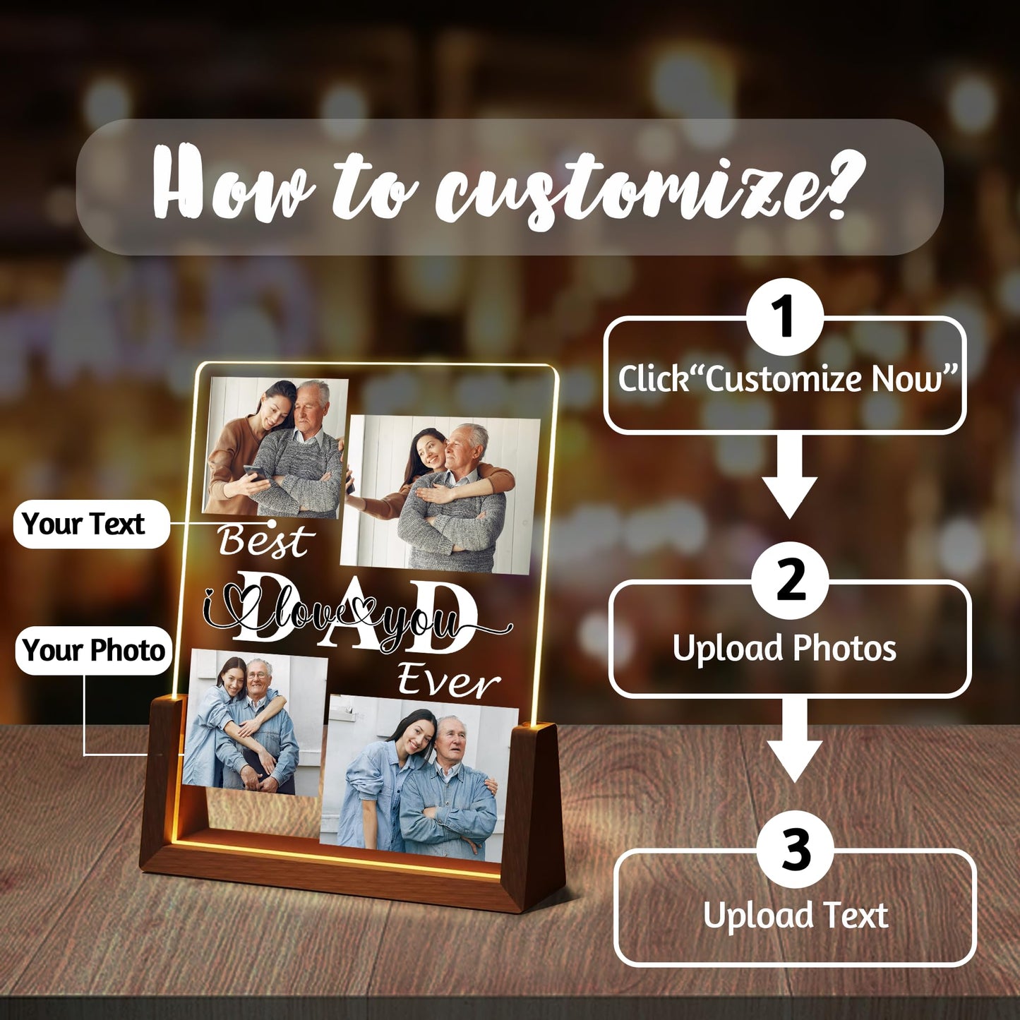 Fathers Day Personalized Gifts For Dad Grandpa Husband From Daughter Son Kids Wife  Custom Light Up Picture Frame Acrylic Plaque  Customized Best Dad Ever Gifts For Fathers Day Christmas Birthday