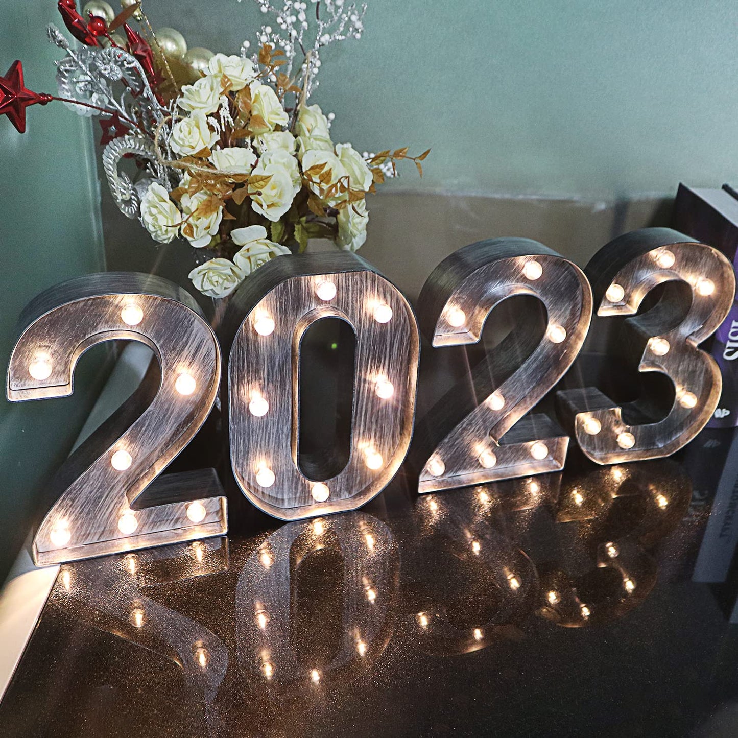 Glintee LED Number Lights Sign, Brushed Silver Gray, Battery Powered, Size 9 for Weddings and Parties
