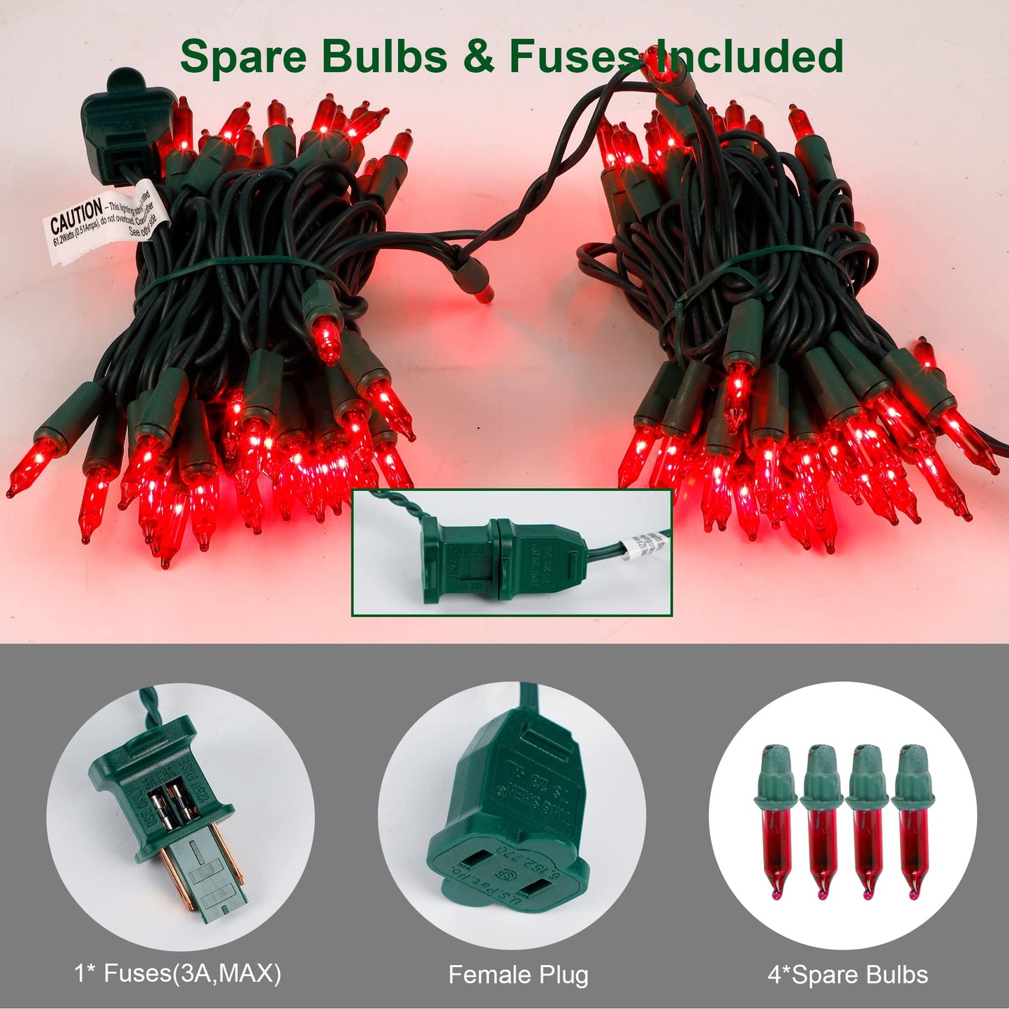 LJLNION 3 Sets Christmas Lights, 150 Count Mini String Lights, 33 FT Each, Green Wire, UL Certified, Red