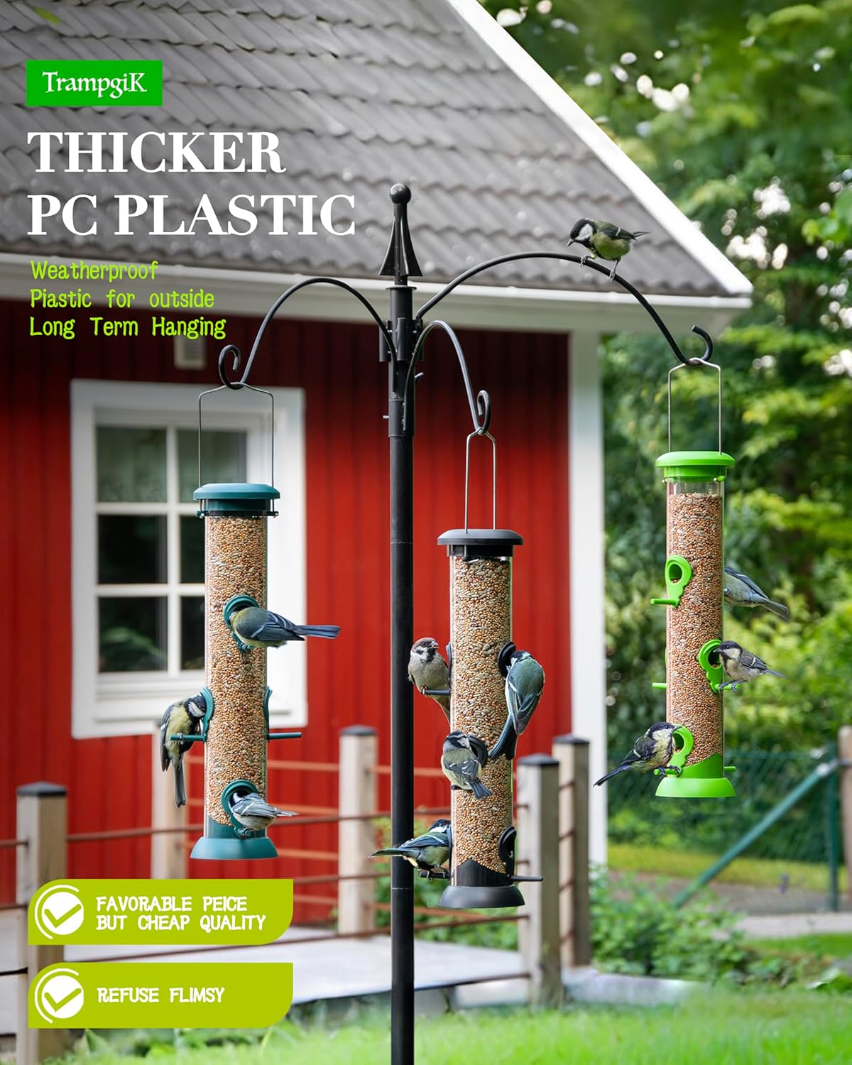 Bird Feeder Premium Hard Plastic for Wild Bird Feeders for Outdoors, Tube Bird Feeders for Outdoors Hanging,14 Inch 6 Port Black, Pack of 1