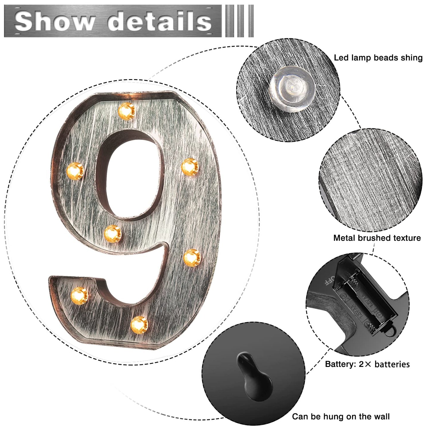 Glintee LED Number Lights Sign, Brushed Silver Gray, Battery Powered, Size 9 for Weddings and Parties