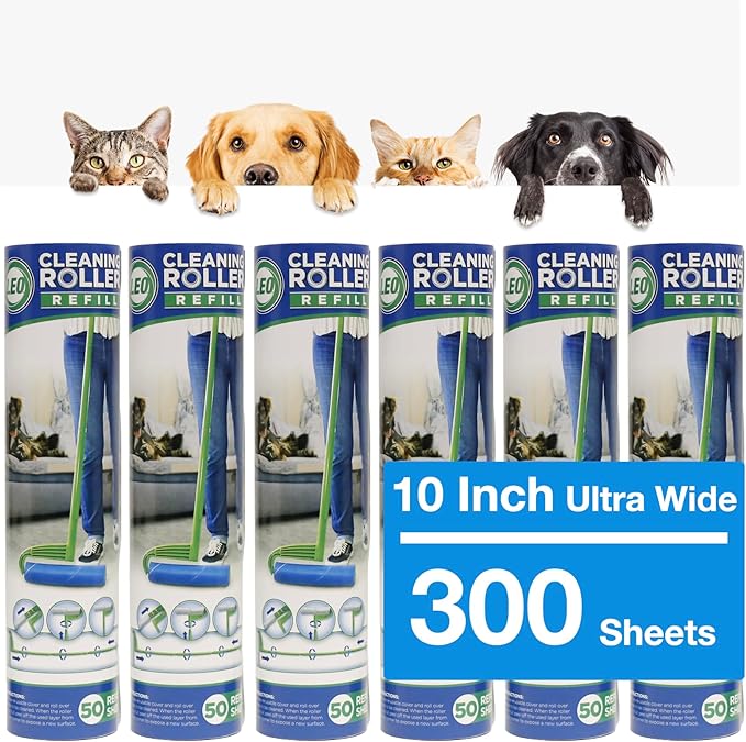 Leo 10-Inch Wide Lint Roller Refills, 6 Rolls with 50 Sheets Each (300 Sheets Total), Extra Sticky for Pet Hair, Carpet & ...