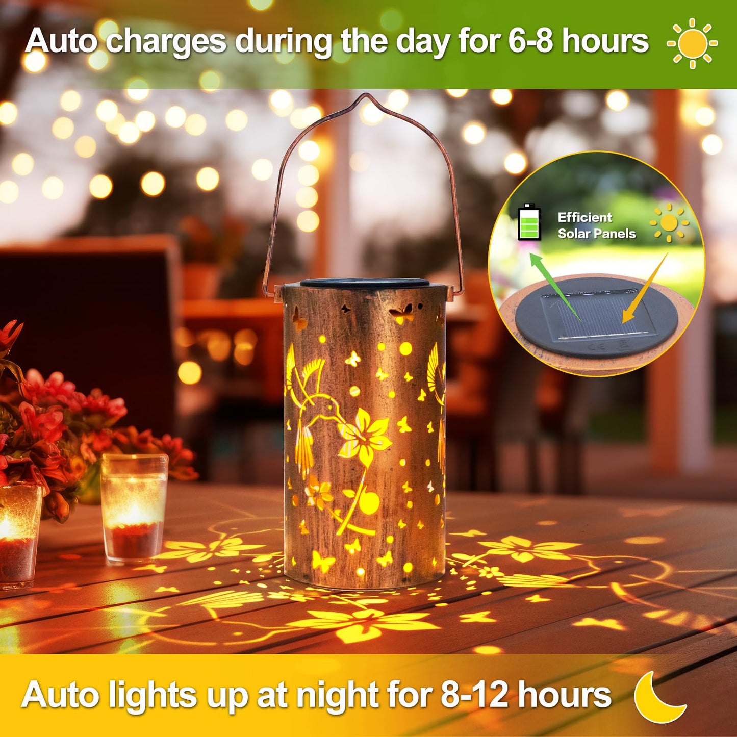 DIBIEECN Hummingbird Solar Lanterns, 2 Pack, Metal, Bronze, Model DL-DOUBLE-01, Outdoor Hanging Decor