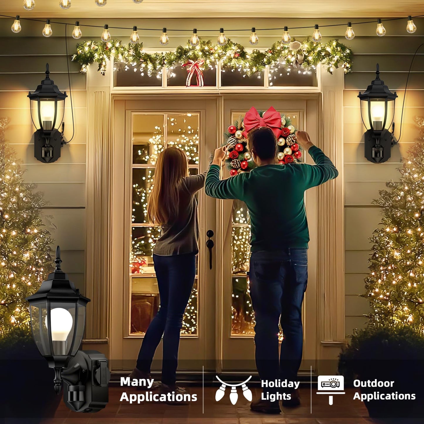Lamomo Porch Lights Outdoor with Outlet, Motion Sensor, Waterproof Aluminum, 2 Pack, Black