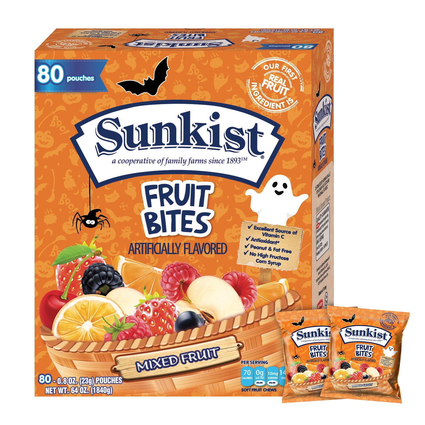 Sunkist Halloween Fruit Snacks Variety Pack - 80 Count (64 oz) Individually Wrapped Candy, Halal, Peanut-Free, Fat-Free Bulk Mix