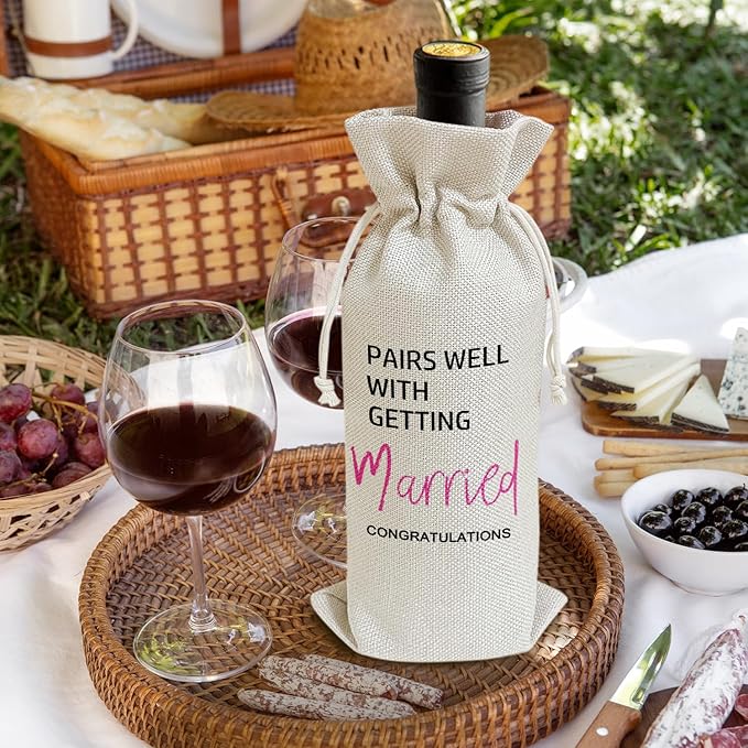 Pairs Well With Getting Married - Gifts for Newlyweds Wine Bags, 1 PC Reusable Drawstring Burlap Wine Bottle Bags, Wedding Gifts for Bride Groom, Wine Gift Bag Wine Accessories -34