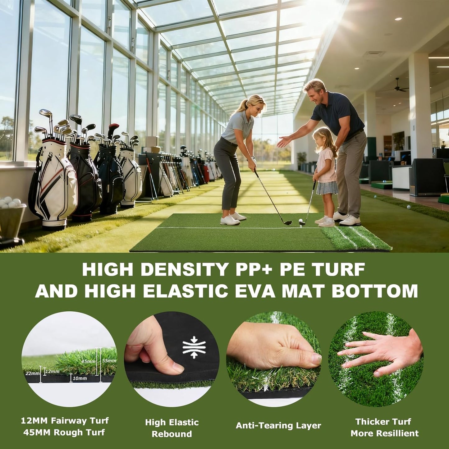 Premium Dual-Turf Golf Hitting Mat - 4x5ft Indoor/Outdoor Practice Mat with Realistic Fairway & Rough Turf, Portable Golf Swing Training Mat with Alignment Guide Real Feel for Driving Range