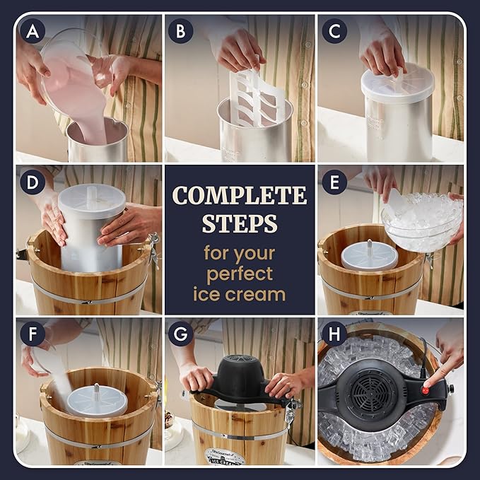 Elite Gourmet Old Fashioned 6 Quart Vintage Appalachian Wood Bucket Electric Ice Cream Maker Machine, *Bonus Classic Die-Cast Hand Crank for Churning, Uses Ice and Rock Salt Churns Ice Cream in Minute