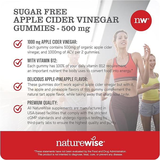 NatureWise Apple Cider Vinegar ACV Gummies - 1000mg ACV per 2, Sugar Free, Vegan - Energy & Gut Health - ACV Gummies W/Vitamin B12-90 Gummies[1.5-Month Supply for 1000mg / 3-Month Supply for 500mg]