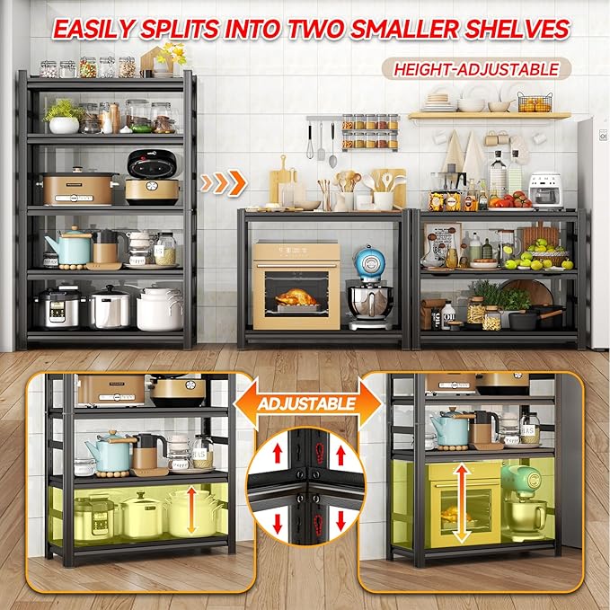 Kitchen Shelves Heavy Duty 5-Tier Storage Shelving, Adjustable Metal Pantry Shelf, 3000 LBS Capacity, Free Standing Kitchen Shelf Organizer, 72" H x 35.4" W x 15.8" D, Black
