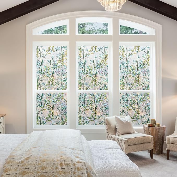 NINETREX Stained Glass Window Film 3D Decorative Cling, Sun Blocking Static Cling Removable Film for Glass Door, Home Decor Window Cover Non-Adhesive 29.5 x 78.7 inches, Leaf