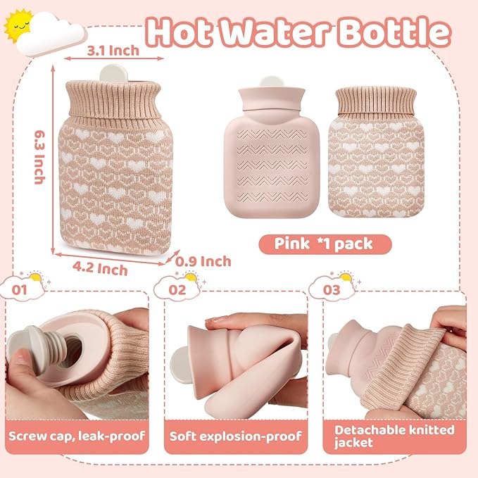 Amylove Mini Hot Water Bottle 320ml for Hot & Cold Compress with Cover Silicone Microwave Heating Small Water Bag for Travel Pain Relief Holiday Gifts(Beige)