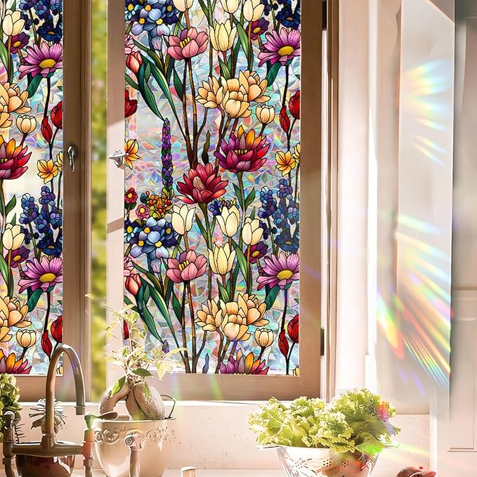 Stained Glass Window Film UV Resistant Window Privacy Film Colorful Flowers Privacy Rainbow Decals Living Room Bedroom Sun Blocking Decor Removable Static Cling Stickers 17 x 39.37 Inch