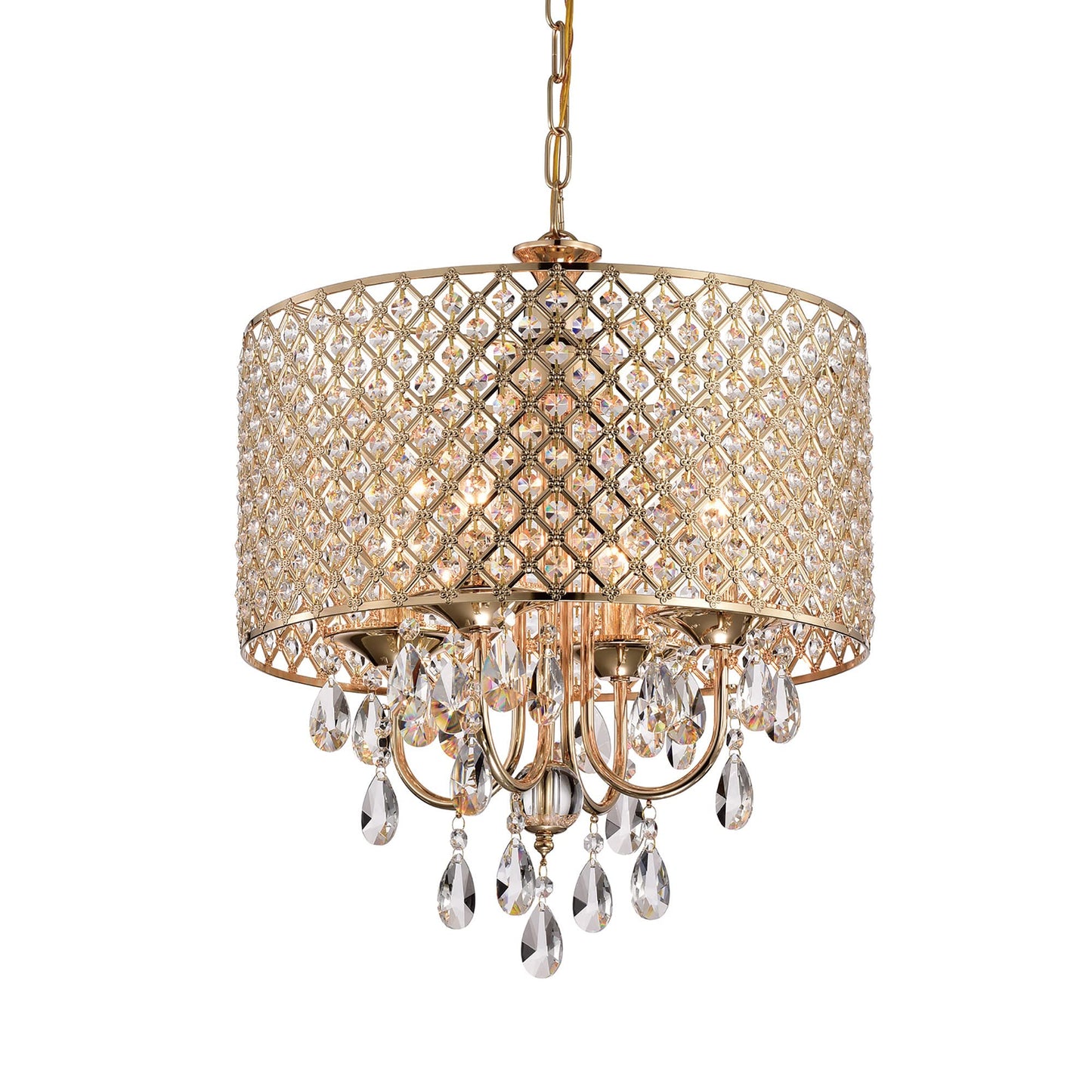 Edvivi 4-Light Round Crystal Chandelier Ceiling Fixture, Beaded Drum Shade, Gold, Model EPG8018GD