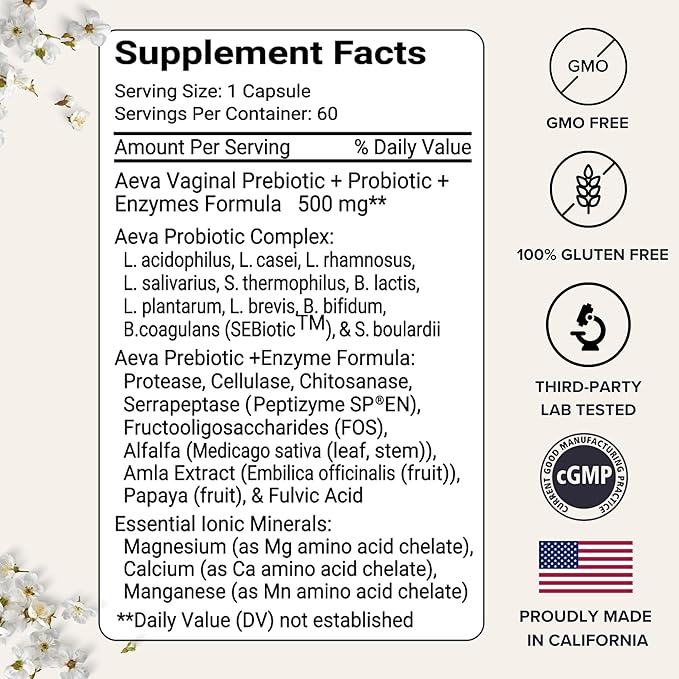 Aeva Vaginal Microbiome Support – Probiotics + Prebiotics with Enzymes & Fulvic Acid – Supports Vaginal Health, Yeast Balance, Candida & Gut Wellness – Functional Medicine Formula – Made in California