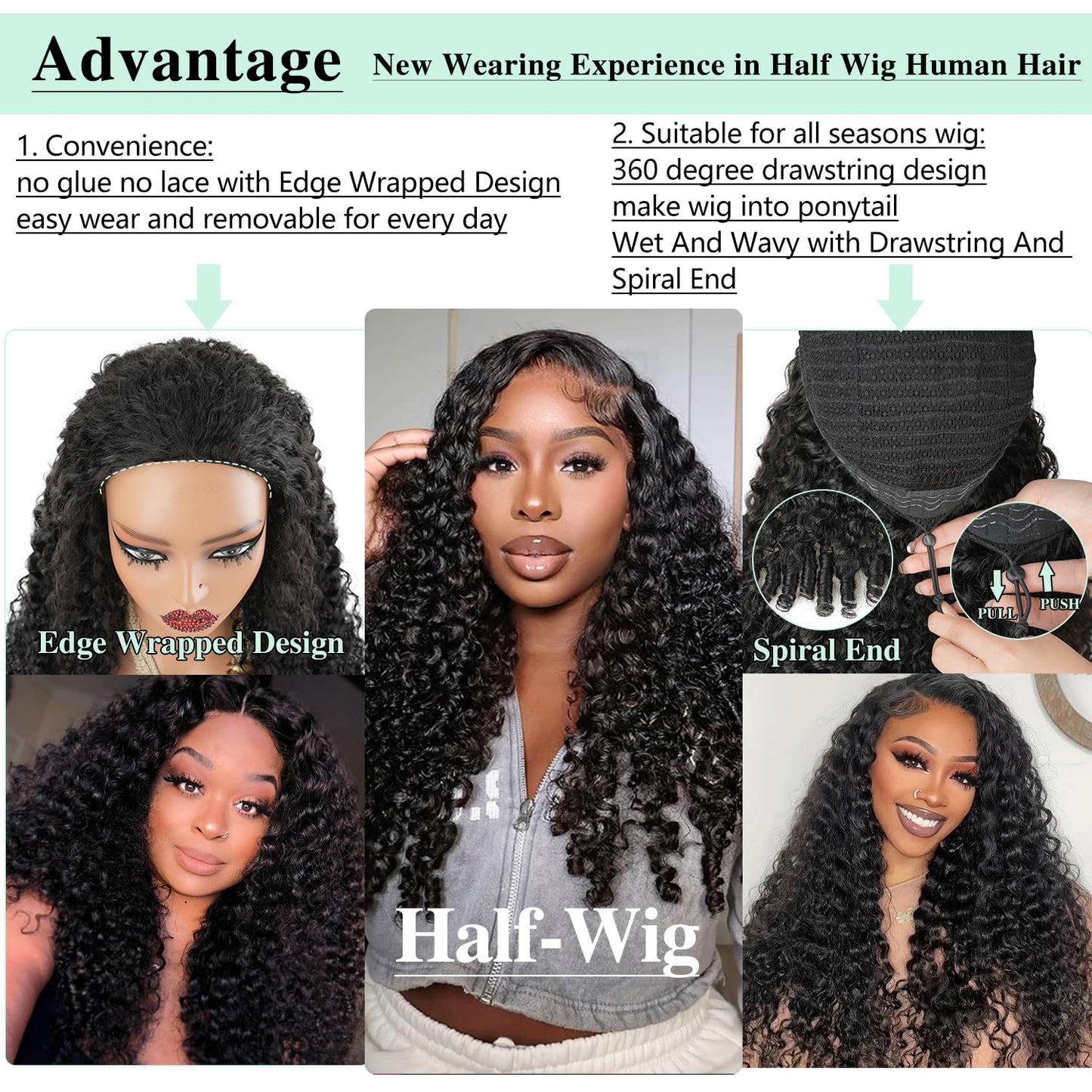 CanaryFly Curly Half Wigs Human Hair 200 Density Burmese Curly 3 In 1 Half Wigs With Drawstring Glueless Wig Human Hair for Wome