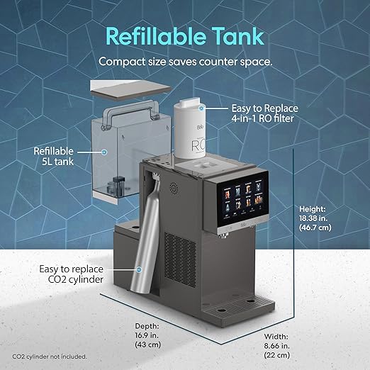 Brio Q60 Sparkling Water Countertop Dispenser with Refillable Tank, No Plumbing Required | Instant Hot & Cold 4 Stage Reverse Osmosis Filtration, Reduces PFAS & Microplastics | Touch Screen Display