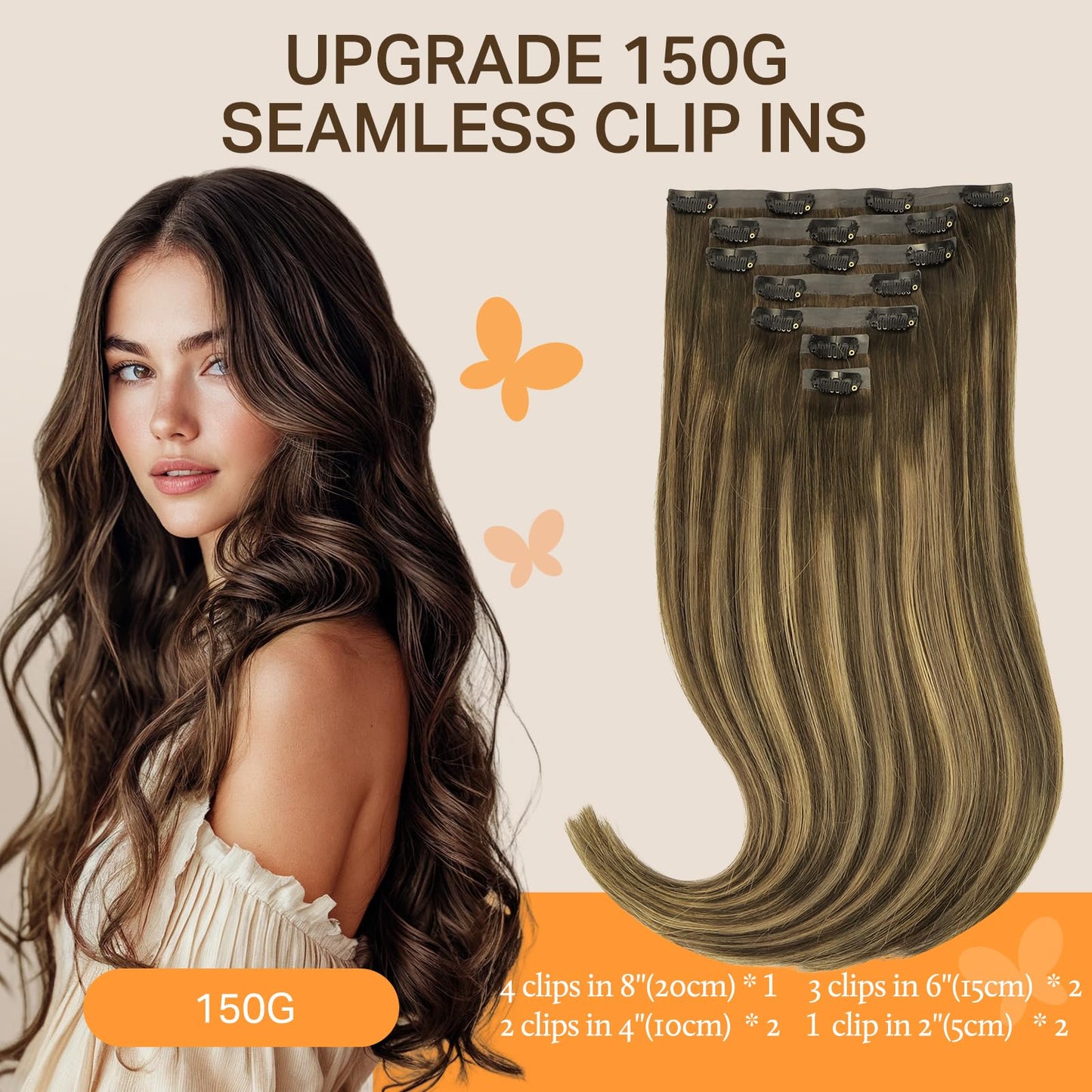 DOORES Clip in Hair Extensions, Chocolate Brown to Caramel Blonde 130gg 9pcs 14 Inch Virgin Straight Human Hair Extensions for W
