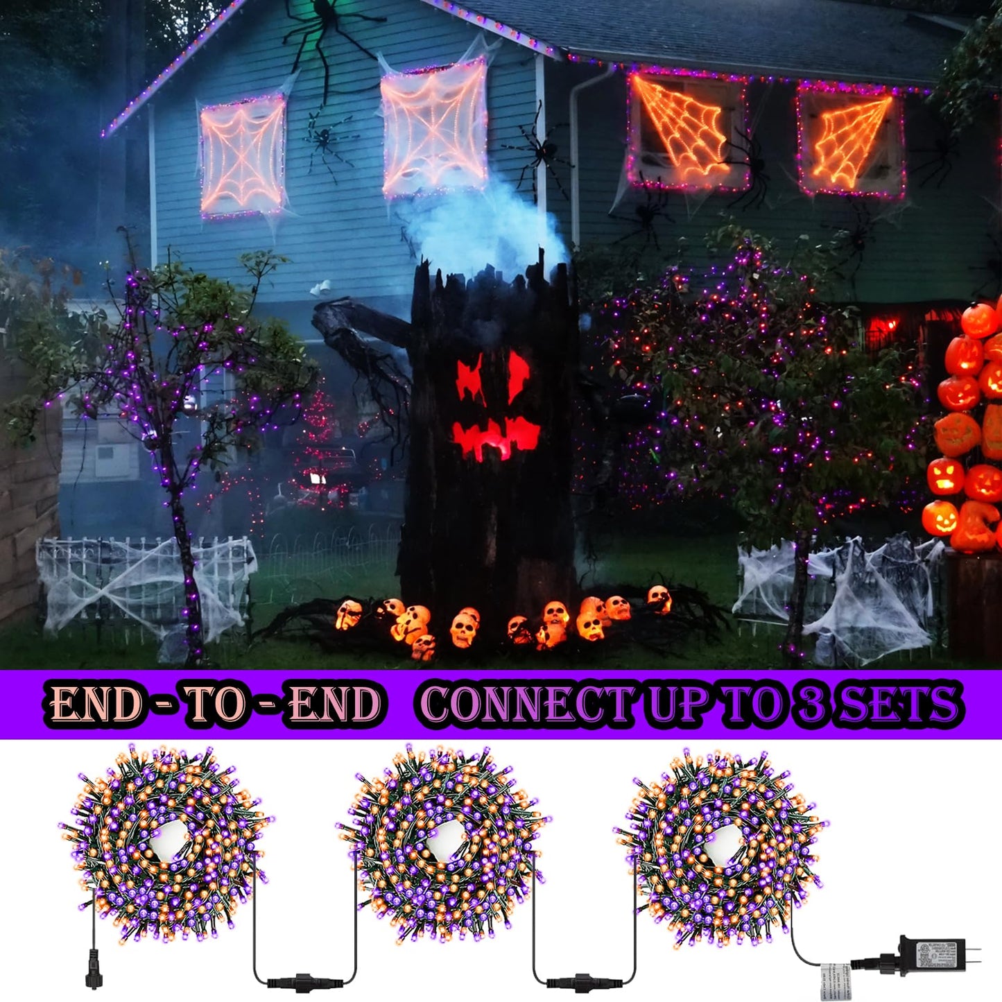 Decute Halloween String Lights Outdoor Indoor Waterproof 300Led 105Ft Ul Certified With End-To-End Plug 8 Modes  Decoration Lights For Christmas Tree Patio Garden Wedding Party Orange Purple