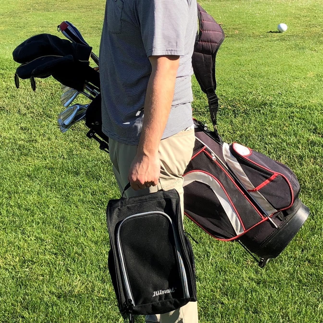 Golf Shoe Bag Men & Women | Zippered Sport & Travel Shoe Carrier Bag with Ventilation & Side Pockets for Accessories | Great Gift for Golfers (Black)