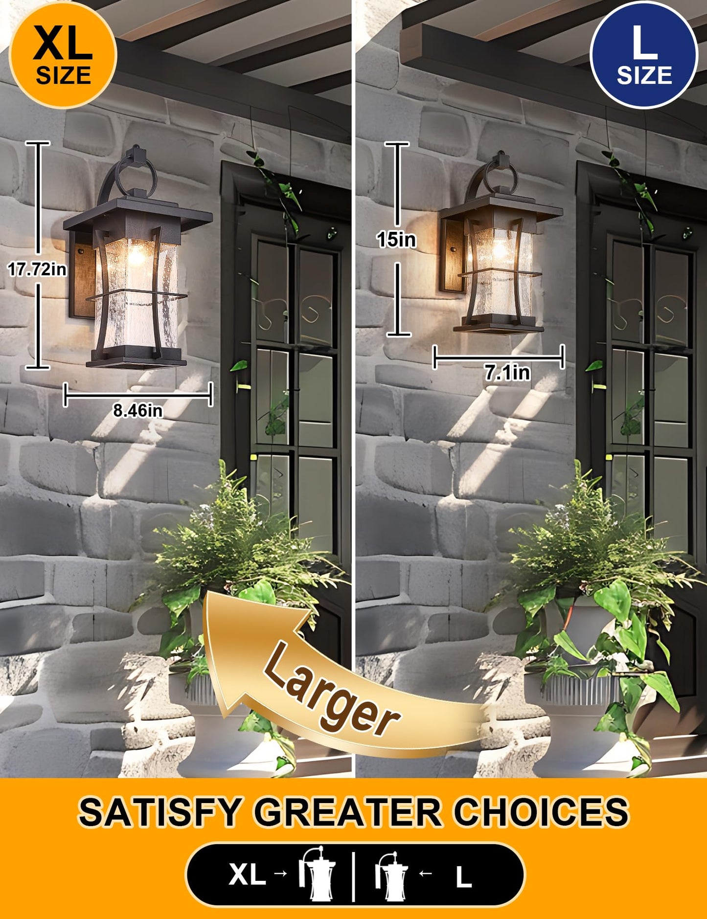 EERU Outdoor Wall Sconce, 18in H, Black, Large Size, Waterproof, Metal, Clear Seeded Glass, Ideal for Villa Porch and Garage