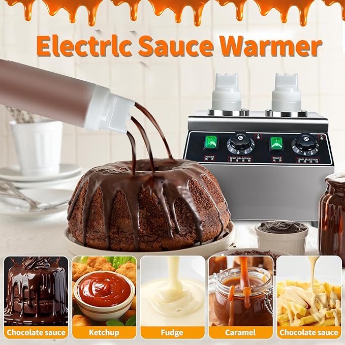 KOOTEN Cheese Warmer Electric Sauce Bottle Warmer Hot Chocolate Warmer and Dispenser 0.68x2 Qt Commercial Hot Fudge Warmer 86-185℉Sauce Warmer Dispenser,Double Bottles Nacho Cheese Warmer