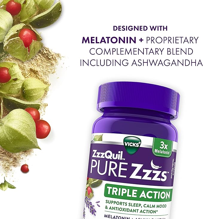 ZzzQuil PURE Zzzs Triple Action, Melatonin Gummies, Melatonin 6mg, 3X Melatonin, Sleep Aid with Ashwagandha, Calm Mood, Antioxidant Action, Sleep Aids for Adults, 60 Sleep Gummies