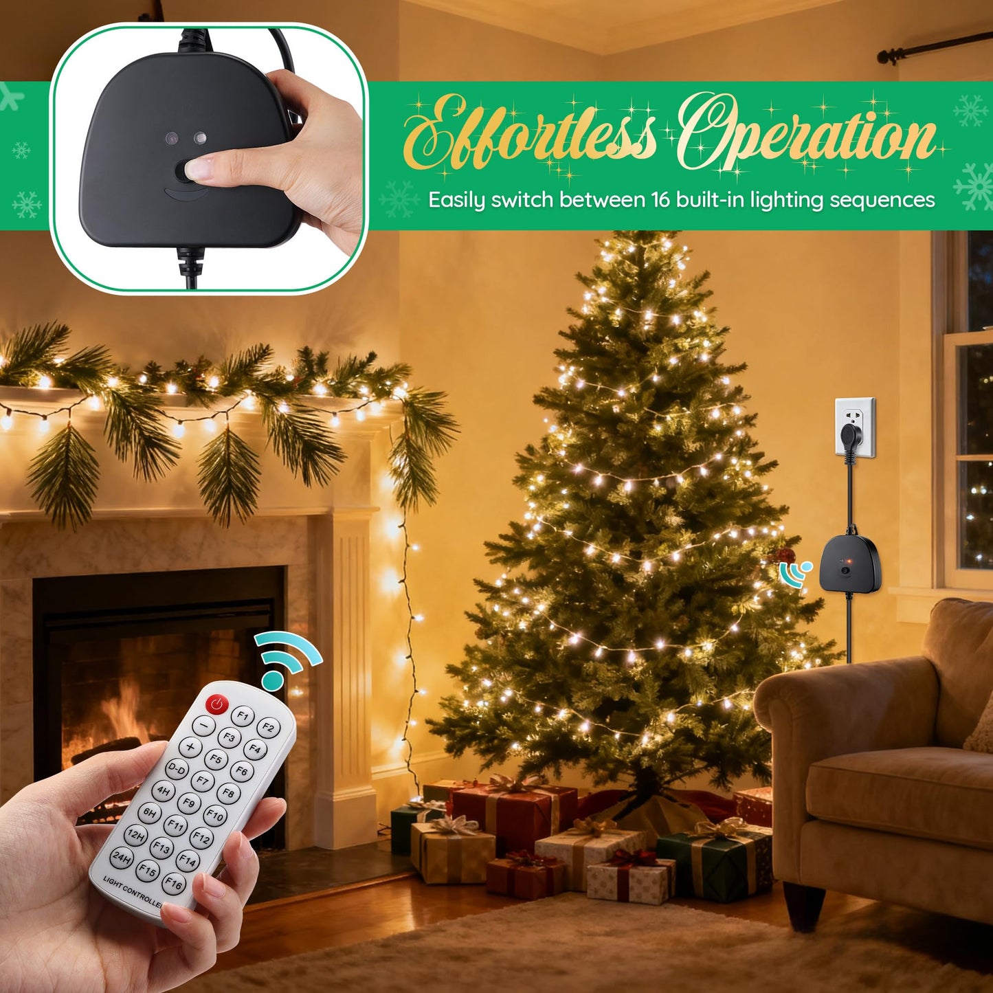 Gulfmew Christmas Light Controller With Remote  Multiple Lighting Effects  Timer  Dusk To Dawn Sensor Control  For Indoor Outdoor Holiday Xmas Lights  Waterproof(1 Channel/16 Functions Black)