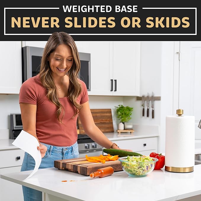 Dear Household Stainless Steel Paper Towel Holder Easy One-Handed Operation - This Sturdy Weighted Paper Towel Dispenser Countertop Model Has Suction Cups and Holds All Paper Towel Rolls - Gold