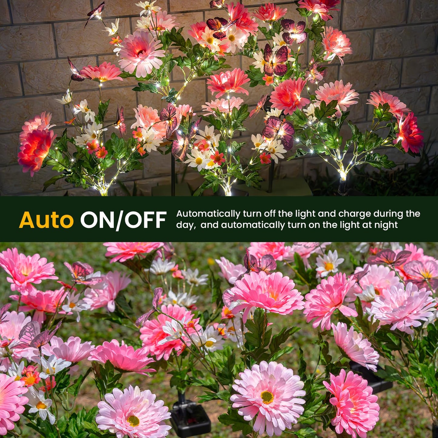 Topvelo Solar Garden Light 6 Packs  120 Leds Outdoor Solar Lighting With Daisy And Butterfly  Waterproof Outdoor Garden Light For Patio  Courtyard  Pathway Decoration (Pink)