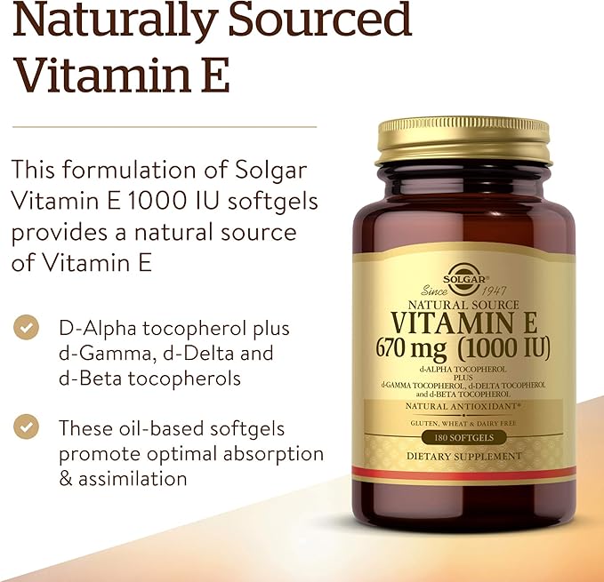 Solgar Vitamin E 670 mg (1000 IU), 100 Softgels - Natural Antioxidant, Skin & Immune System Support - Naturally-Sourced Vitamin E - Gluten Free, Dairy Free - 180 Servings