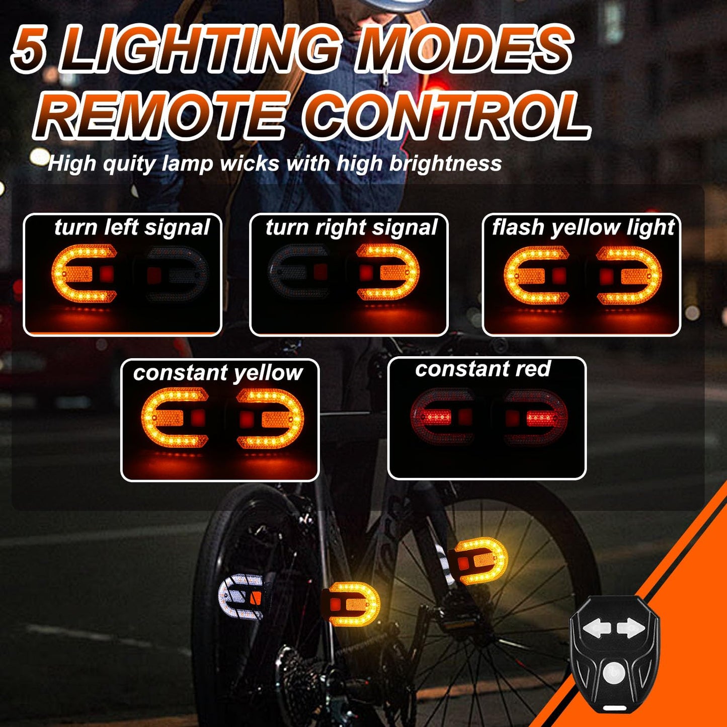 BCTEPTFOTL Bike Tail Light with Turn Signal, USB Rechargeable, 4PCS Yellow + Red, Remote Control, 5 Modes