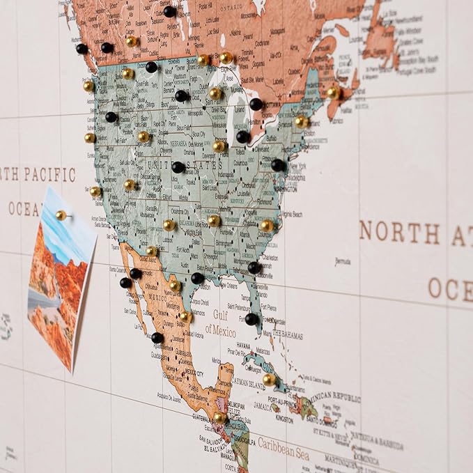 Canvas World Map with Cork Pin Board - English Lettering - Decorative Wall Decoration for All Rooms - Canvas Pictures with World Map Motif (70x50 cm, Pattern 22)