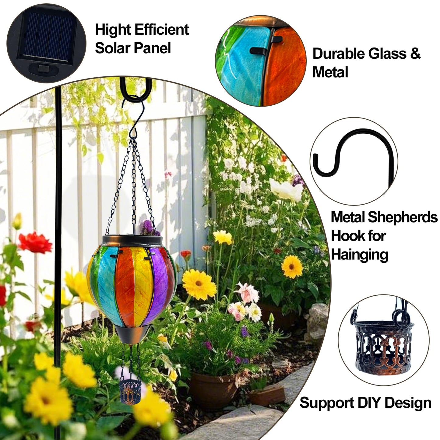Twirleternity 2Pcs Hot Air Balloon Solar Lantern (Metal Shepherds Hook) (Flickering Flame) (Efficient Solar Panel Power) Hanging Lanterns Outdoor Waterproof Thanksgiving Gifts Colorful Rainbow