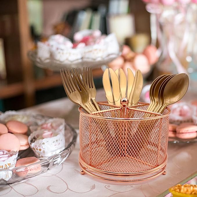 360 Rotating Metal Utensil Caddy - 4 Compartment Silverware Cutlery Holder Fork Spoon Napkin Organizer Flatware Storage Basket Party Countertop Buffet Picnic Camping Outdoor Rose Gold Pink