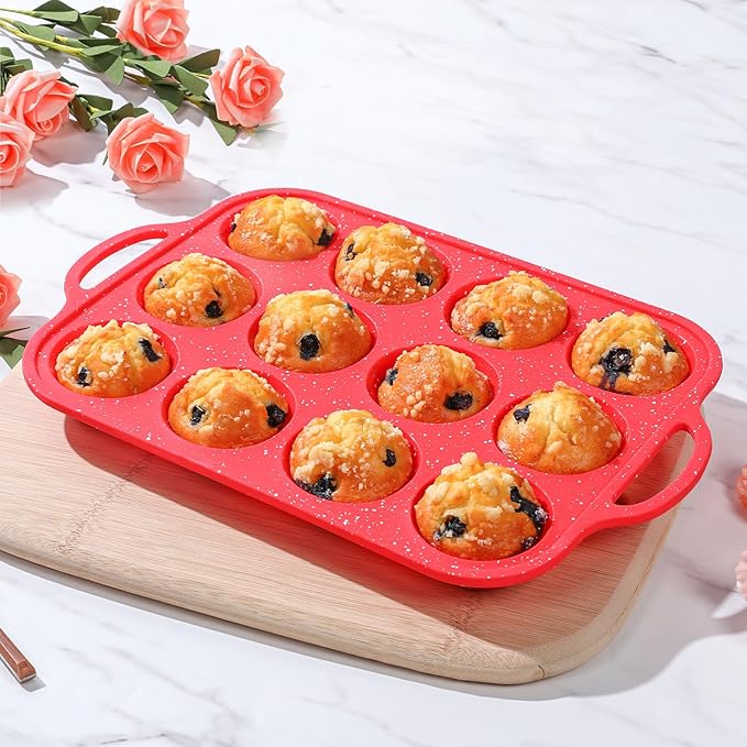 Silicone Muffin Pans for Baking, with Metal Reinforced Frame, Dishwasher Safe BPA Free Nonstick Silicone Cupcake Pan 12 Cups for Baking Homemade Muffins, Cupcakes - 2 Pack