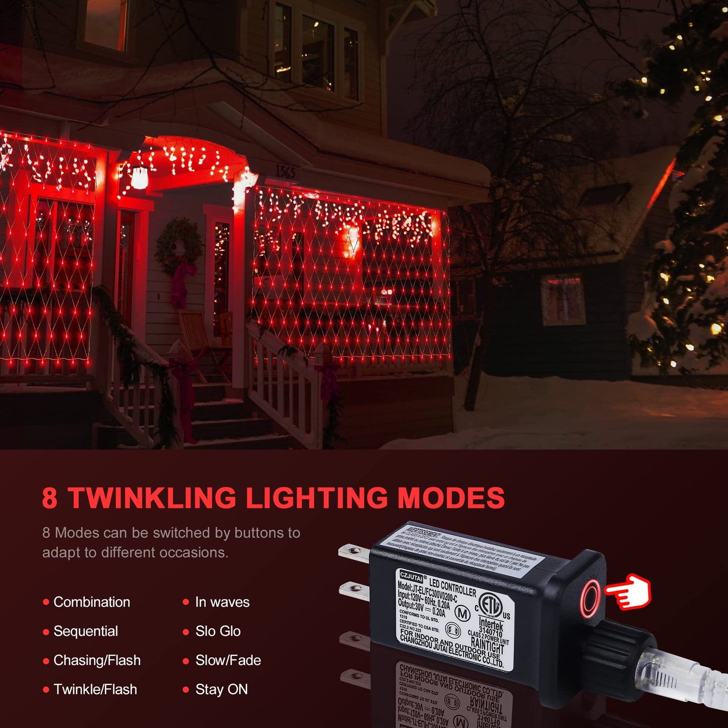 woohaha Outdoor Christmas Net Lights, 192 LED, 9.8FTx6.6FT, 8 Lighting Modes, Red, Model QX-U-O-N-192-R-C