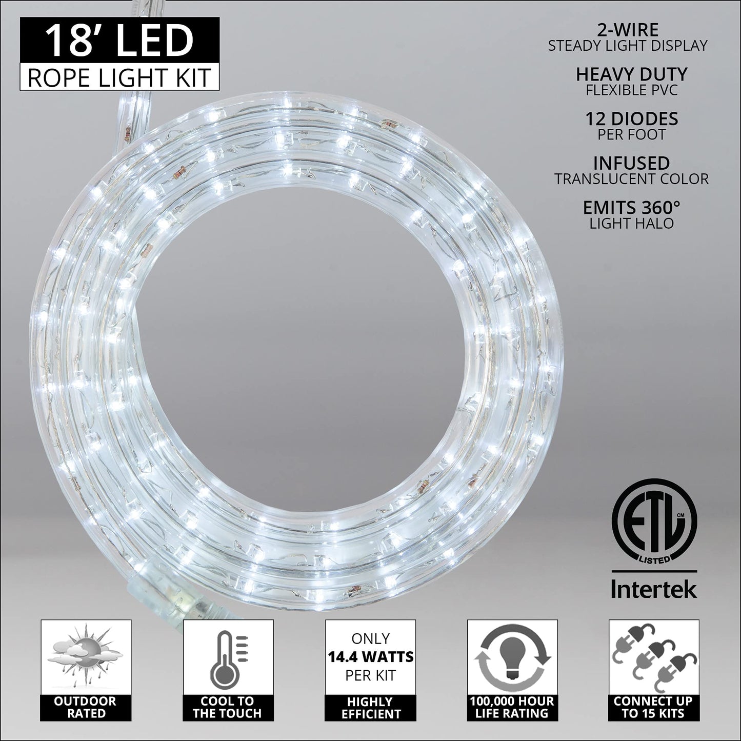 Wintergreen Lighting 18 Led Cool White Rope Light  Flexible Light Rope String Light Outdoor - Bedroom Led Light Rope  120V   Inch  2-Wire - Rope Light Clips And Power Cord Included