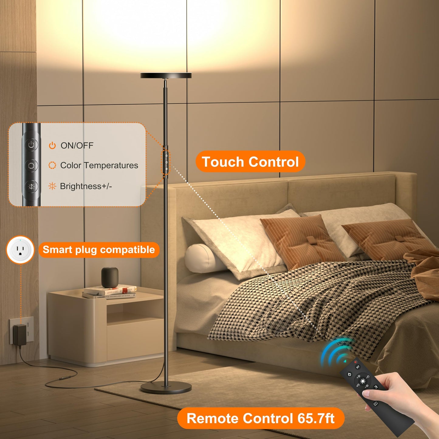 Yikuneng LED Floor Lamp - 2400LM Dimmable Torchiere with Remote & Touch Control, Black, 24W