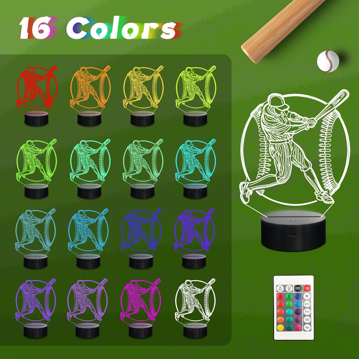 CoolGift Mart 3D LED Baseball Night Light with Remote Control, Multicolor Acrylic, Model FS-2810-9999