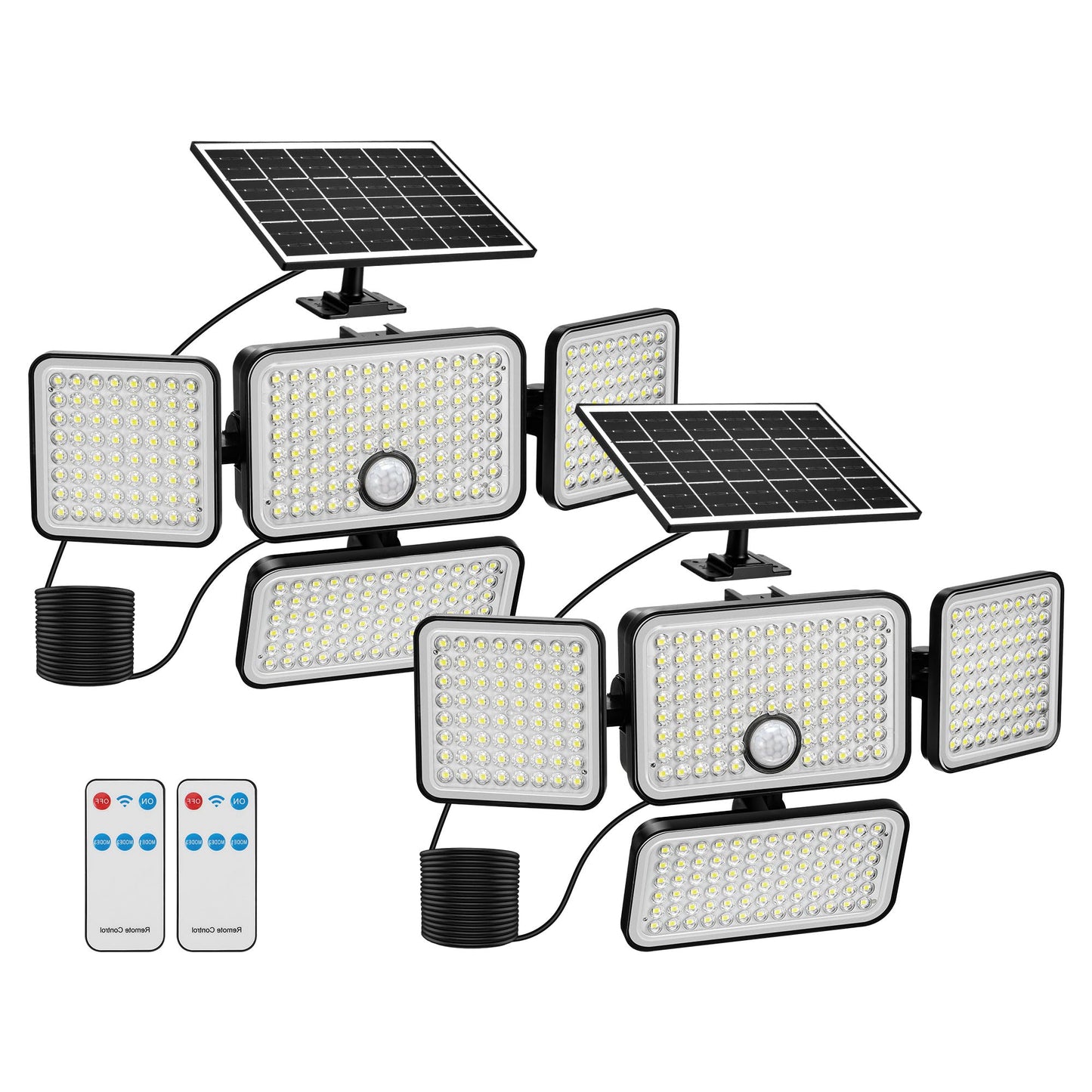 LUMLLSAJI Solar Flood Lights 3000 Lumen 4 Heads Motion Sensor IP65 Waterproof 2 Packs with 20Ft Cord
