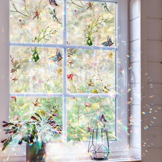 Rainbow Window Privacy Film Stained Glass Handmade Design for Bathroom, Watercolor Flower and Butterfly, 39.37" x 16.92"