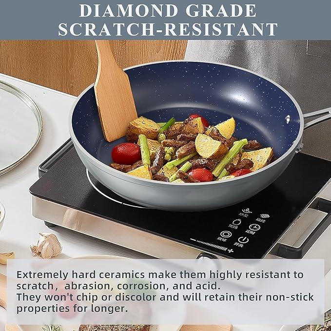 Nuwave Healthy Duralon Blue Ceramic Nonstick Cookware Set, Diamond Infused Scratch-Resistant, PFAS Free, Dishwasher & Oven Safe, Induction Ready & Evenly Heats, Tempered Glass Lids & Stay-Cool Handles