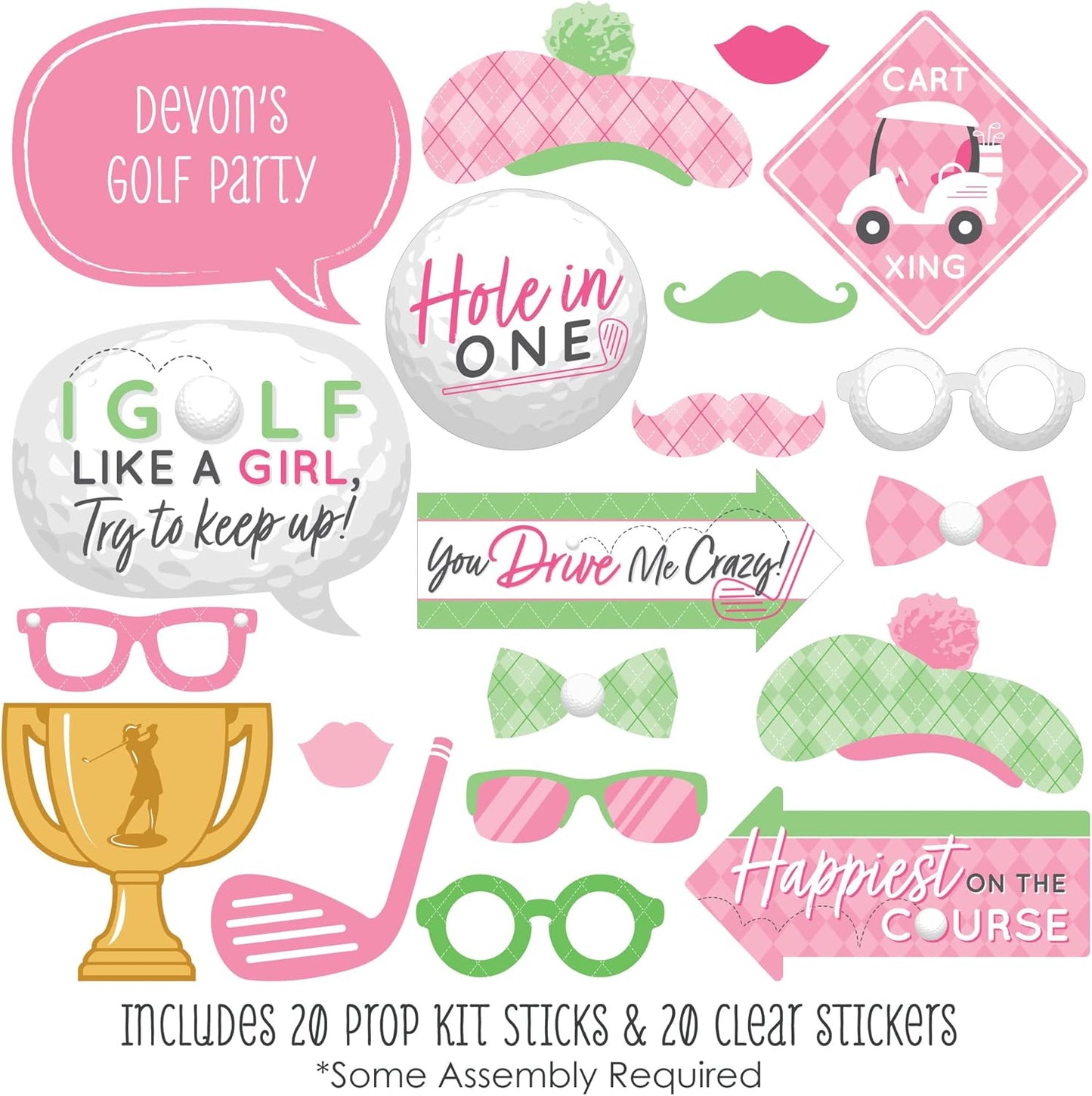 Big Dot of Happiness Custom Golf Girl - Photo Booth Props - Personalized Pink Birthday Party or Baby Shower Supplies - 20 Selfie Props