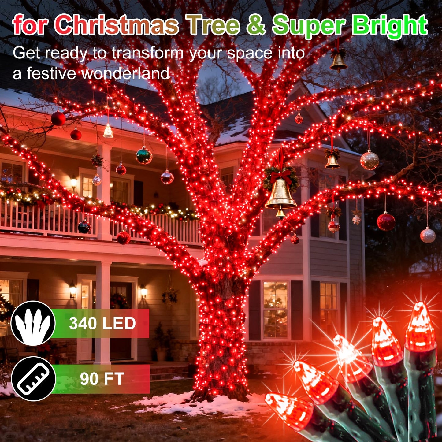340 Led 90Ft Christmas String Lights Outdoor  12 Pro Modes And Timer Memory & Brightness  Plug In Waterproof Dark Green Wire Twinkle Light For For Xmas Yard Tree Wedding Party Decor (Red)