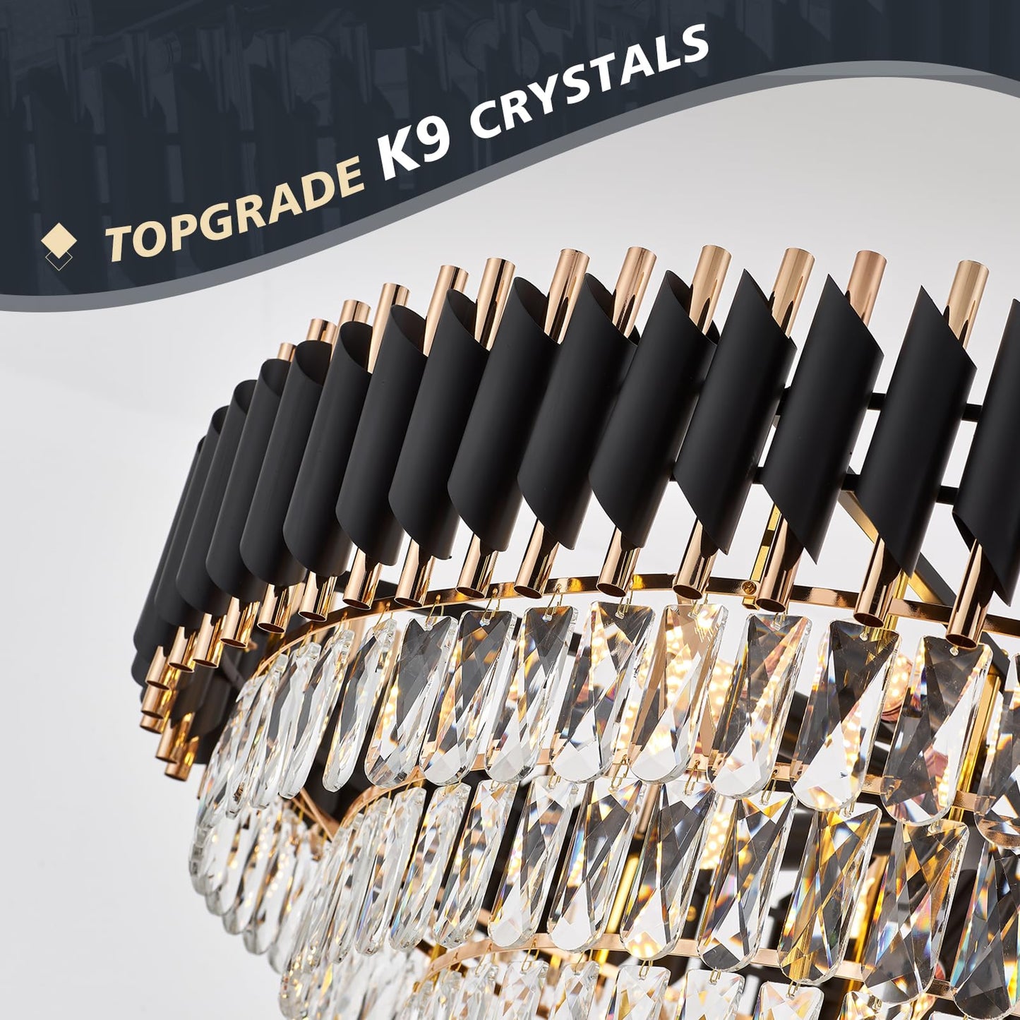 Brfaixla 7-Tier Black Gold Crystal Chandelier 35.5 18-Light Modern Crystal Pendant Chandelier Ceiling Light Fixture Hanging Lighting For Living Room Villa Restaurant Foyer High Ceiling