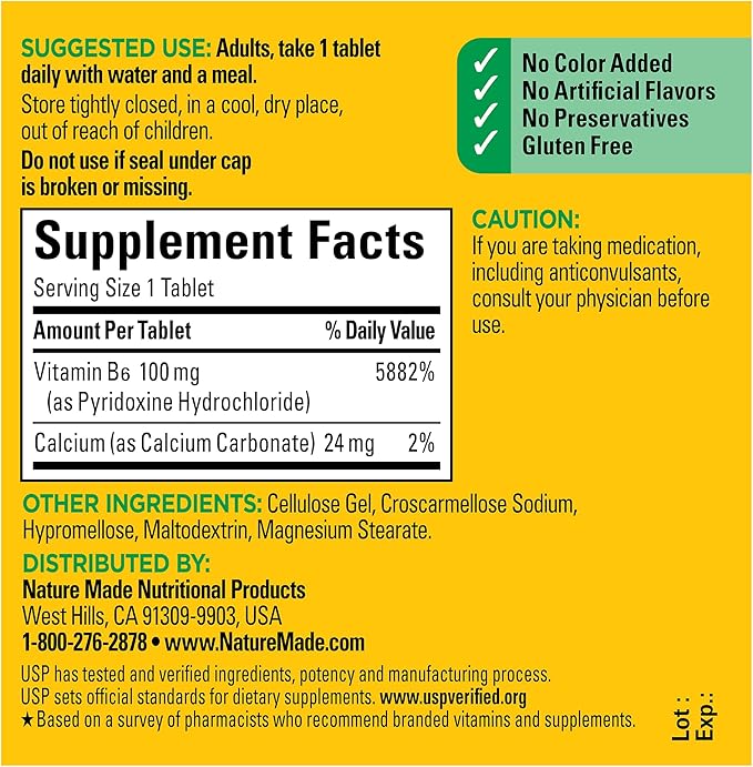Nature Made Vitamin B6 100 mg, B6 Vitamins for Energy Metabolism Support, 100 Tablets, 100 Day Supply